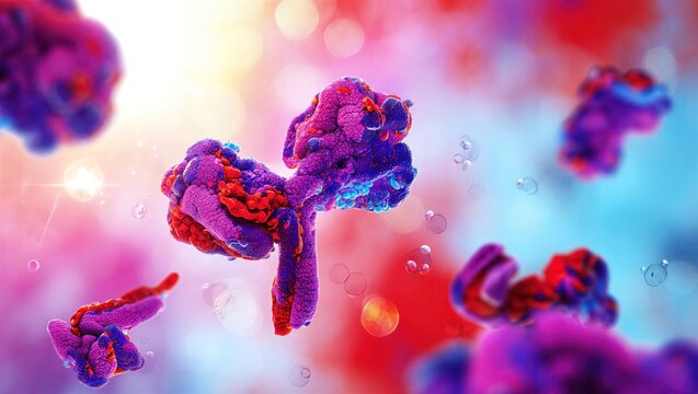 IgG antibody protein structure, Y-shaped immunoglobulin molecule interacting with antigens. Immunology, biotechnology, medical research, immune response, pharmaceutical innovation. 3D scientific image