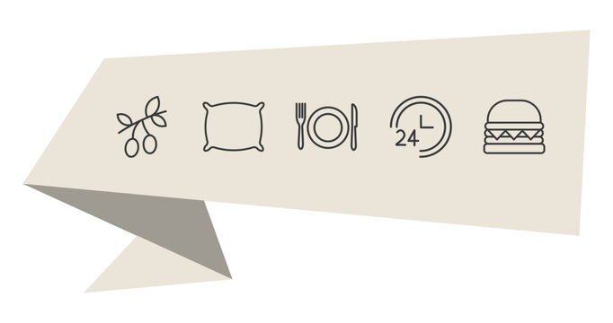 hotel and restaurant outline icon set. thin line olives, pillow, 24 service, cheese burger icons. editable vector