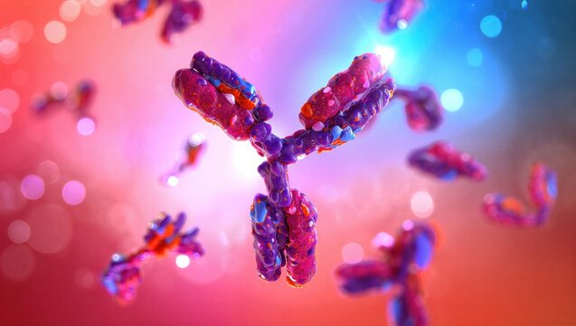 IgG antibody protein structure, Y-shaped immunoglobulin molecule interacting with antigens. Immunology, biotechnology, medical research, immune response, pharmaceutical innovation. 3D scientific image