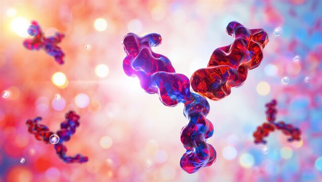 IgG antibody protein structure, Y-shaped immunoglobulin molecule interacting with antigens. Immunology, biotechnology, medical research, immune response, pharmaceutical innovation. 3D scientific image