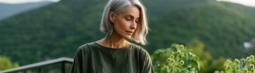 Obraz premium Woman with short silver hair on terrace overlooking green hills tending potted plants for calm outdoor lifestyle background
