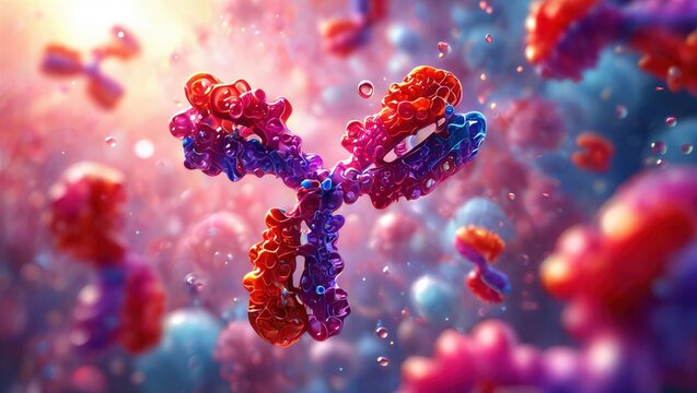 IgG antibody protein structure, Y-shaped immunoglobulin molecule interacting with antigens. Immunology, biotechnology, medical research, immune response, pharmaceutical innovation. 3D scientific image