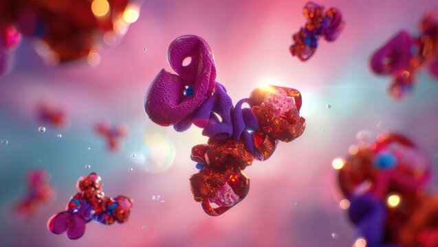 IgG antibody protein structure, Y-shaped immunoglobulin molecule interacting with antigens. Immunology, biotechnology, medical research, immune response, pharmaceutical innovation. 3D scientific image