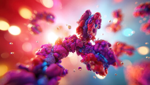 IgG antibody protein structure, Y-shaped immunoglobulin molecule interacting with antigens. Immunology, biotechnology, medical research, immune response, pharmaceutical innovation. 3D scientific image