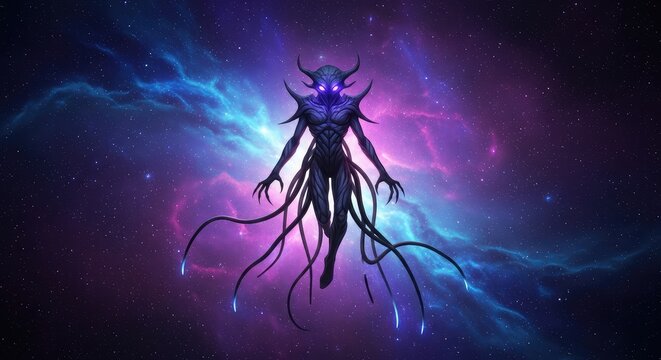 A massive celestial entity with glowing eyes and long dark tentacles drifts through a vibrant nebula of purple and blue starlight in space, abyss, galaxy, fantasy