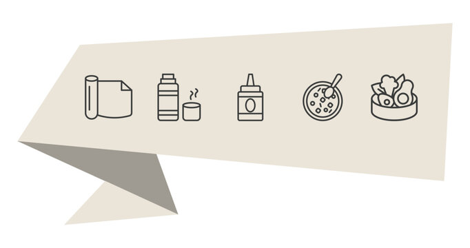food outline icon set. thin line wrapping, thermo flask, winter melon soup, healthy food icons. editable vector