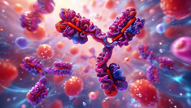 IgG antibody protein structure, Y-shaped immunoglobulin molecule interacting with antigens. Immunology, biotechnology, medical research, immune response, pharmaceutical innovation. 3D scientific image
