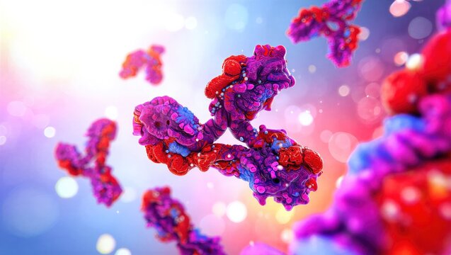 IgG antibody protein structure, Y-shaped immunoglobulin molecule interacting with antigens. Immunology, biotechnology, medical research, immune response, pharmaceutical innovation. 3D scientific image