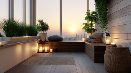 Obraz premium Serene urban balcony creating a relaxing spa like environment with glowing candles and lush plants, offering a tranquil escape from city life at beautiful sunset