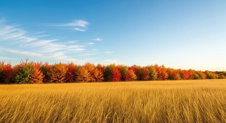 Fototapeta premium Golden fields of tall grass and autumn foliage glow brilliantly under a radiant blue sky, capturing the essence of the changing seasons, blue, countryside, landscape