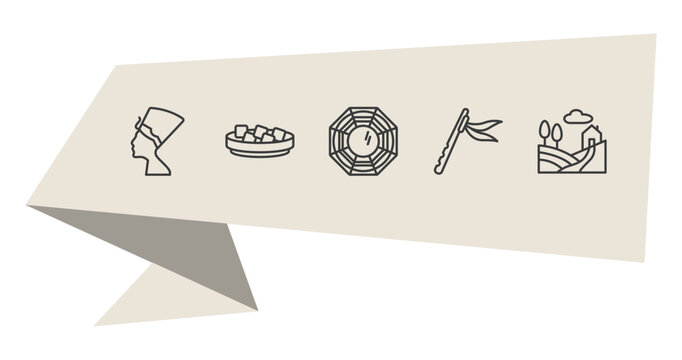 cultures outline icon set. thin line nefertiti, beef and garlic, native american flute, tuscany icons. editable vector