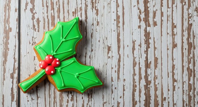 Festive gingerbread cookie shaped like a mistletoe leaf, decorated with green icing and red berries on a wooden rustic background table, christmas, yuletide, bakery
