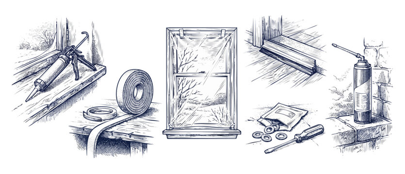 Window winterization home insulation tools and DIY draft prevention kit illustration, featuring caulking gun, weatherstripping tape, plastic film cover, and draft stopper in vintage line art engraved.