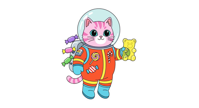 Cute cat astronaut in space suit holding gummy bear and candy, cartoon style