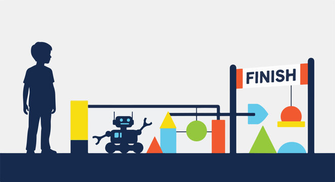 Boy and robot obstacle course