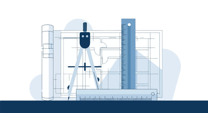 Architectural drafting tools on blueprint background