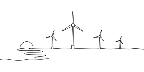 Wind energy continuous line art one drawing windmill sustainable renewable power vector solar farm sketch icon mill turbine panel environment outline green plant illustration sun industry concept © Максим Зайков