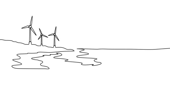 Line wind energy continuous art one drawing windmill sustainable renewable power vector solar farm sketch icon mill turbine panel environment outline green plant illustration sun industry concept
