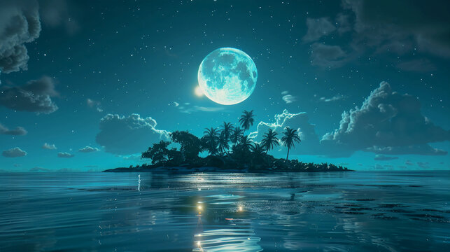 Full moon rising over tropical island with palm trees and lightning storm at night