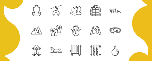 winter outline icon set. thin line earmuffs, cable car cabin, anorak vest, bauble and more icons. editable vector © Farahim