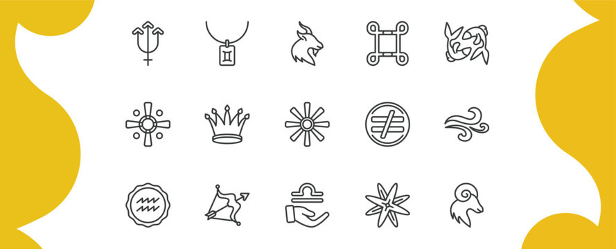 zodiac outline icon set. thin line neptune, silver, reconciliation, aries and more icons. editable vector