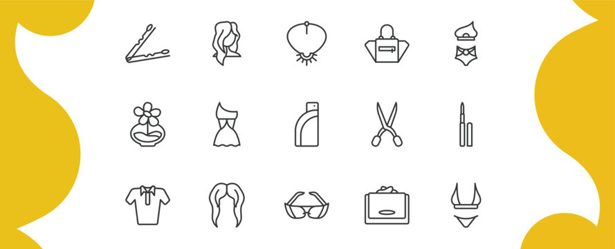 woman clothing outline icon set. thin line hair clip tool, female long hair, female black handbag, string bikini and more icons. editable vector
