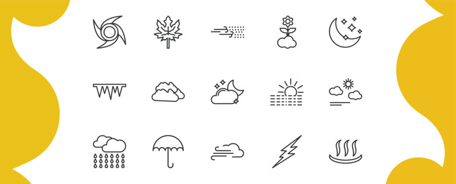 weather outline icon set. thin line typhoon, autumn, spring, warm and more icons. editable vector
