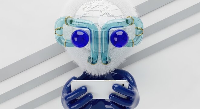 Cute white furry mascot wearing goggles holding a device.