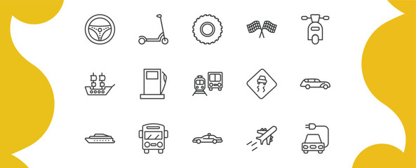 transportation outline icon set. thin line steering, kick scooter, motorsport, electric car and more icons. editable vector © Farahim