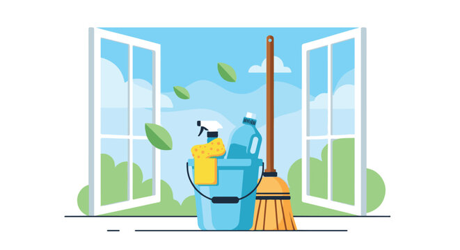 Cleaning supplies on windowsill, spring cleaning concept