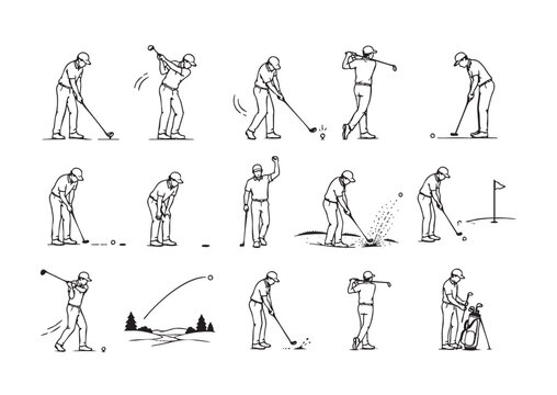 Golf player action poses set. Minimalist black and white vector illustration collection showing different stages of a golf game, including tee shot, full swing, putting, bunker shot, ball flight
