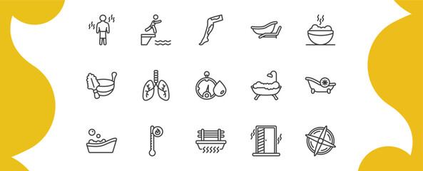 sauna outline icon set. thin line vascular workout, adrenalin rush, private spa, regeneration and more icons. editable vector © Farahim