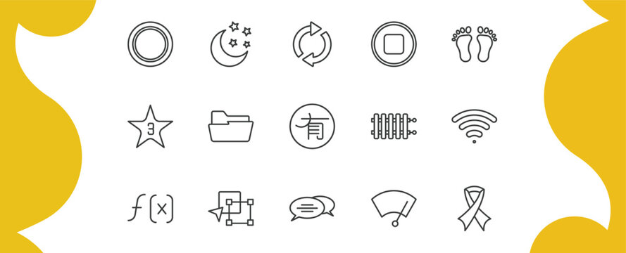 shapes outline icon set. thin line blank circle, clear night, round stop button, and more icons. editable vector