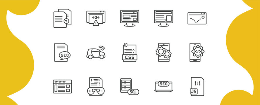 programming outline icon set. thin line duplicate, error 404, program interface, js and more icons. editable vector