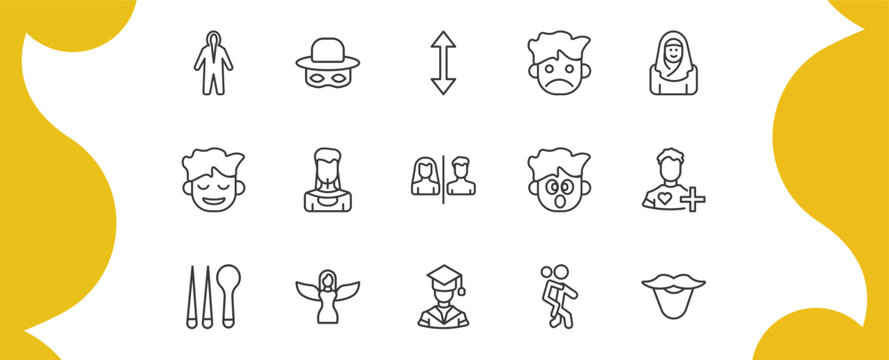 people outline icon set. thin line protective suit, zorro, sad smile, beard and more icons. editable vector