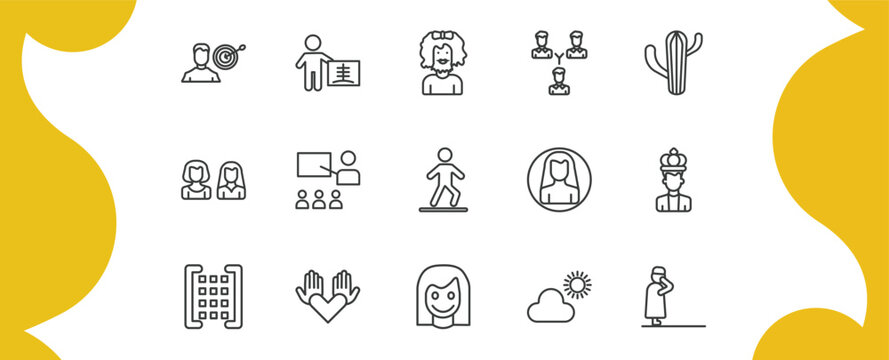 people outline icon set. thin line man with target, radiologist working, business partnership, takbir and more icons. editable vector