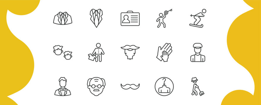 people outline icon set. thin line business suit, elegance, man with big key, farmer working and more icons. editable vector