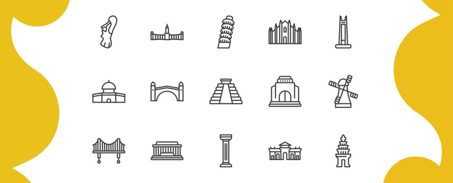 monuments outline icon set. thin line easter island, retiro park, milan cathedral, cambodia and more icons. editable vector