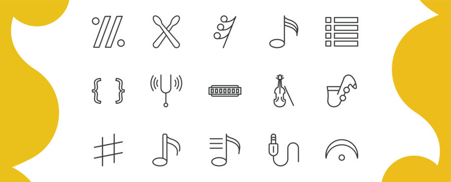 music and media outline icon set. thin line simile, drumsticks, demisemiquaver, fermata and more icons. editable vector