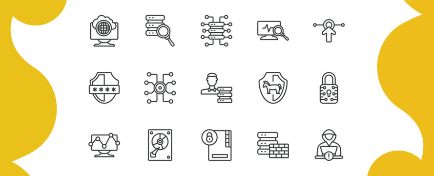 internet security outline icon set. thin line internet connection, data search, network monitoring, hacker and more icons. editable vector