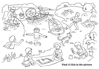 Fototapeta premium Color the picture and find 12 fish. Logic game for children with cartoon character. Illustration for paper coloring book on white background. Children holiday on lake, river in summer.