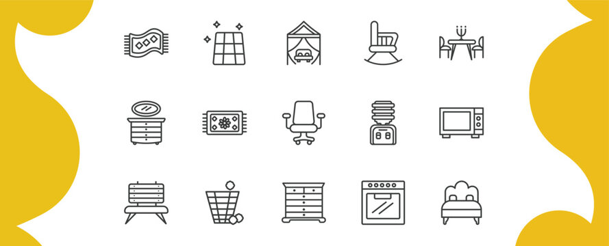 furniture & household outline icon set. thin line rugs, floor, rocking chair, sleigh bed and more icons. editable vector