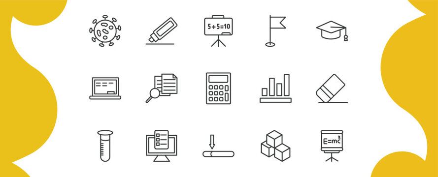 education outline icon set. thin line virus, corrector, location flag, relativity formulae and more icons. editable vector