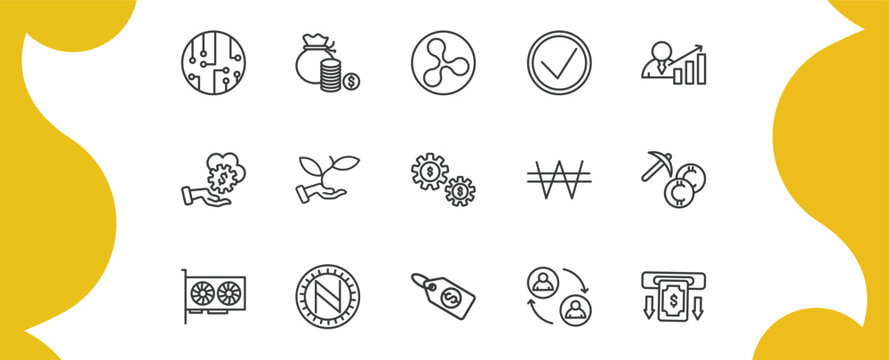 cryptocurrency outline icon set. thin line circuit, funds, real, withdraw and more icons. editable vector