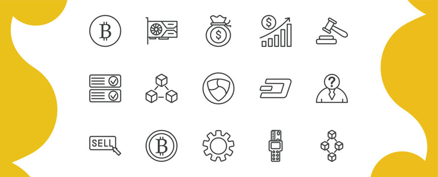 cryptocurrency outline icon set. thin line bitcoin, vga card, profit, blokchain block and more icons. editable vector