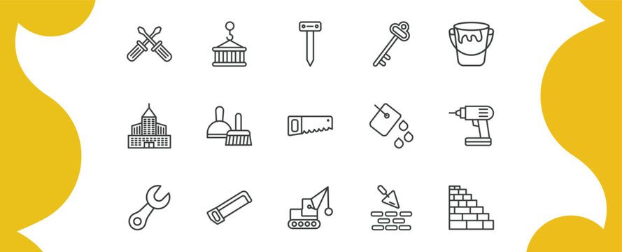 construction outline icon set. thin line screwdrivers, derrick with pallet, antique key, birck wall and more icons. editable vector