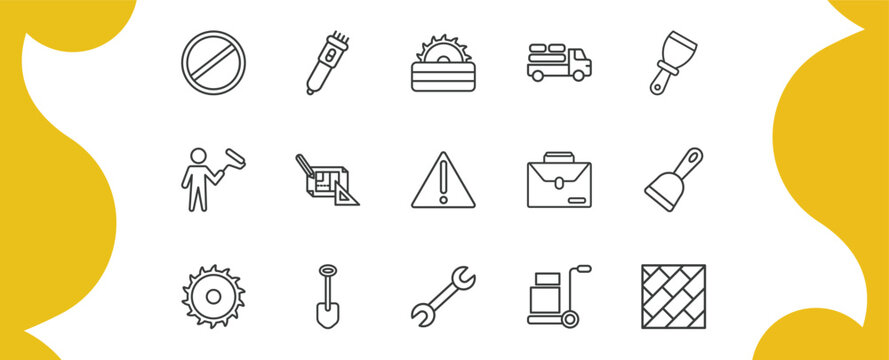 construction tools outline icon set. thin line stopping, clippers, truck with load, parquet and more icons. editable vector