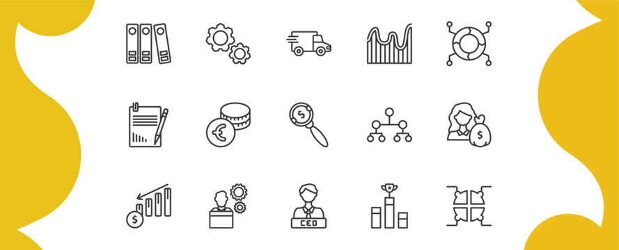 business outline icon set. thin line binder, cogwheel hine part, wave chart, infographic elements and more icons. editable vector