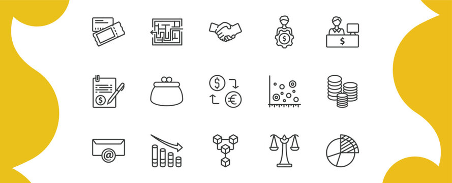 business and analytics outline icon set. thin line credit card and ticket, maze game, man with money gears, data analysis pie chart and more icons. editable vector