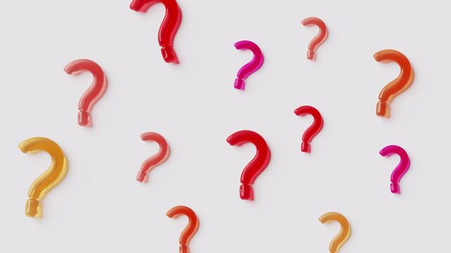 3d animation of question mark falling down in the center. Jelly-like texture, modern clean motion design. Question, problem, curiosity and decision making concept. Interface elements, infographics tem